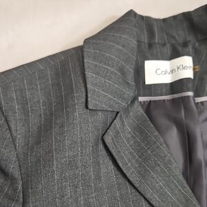 Calvin Klein charcoal pinstripe skirt suit set – blazer 6 + skirt 10